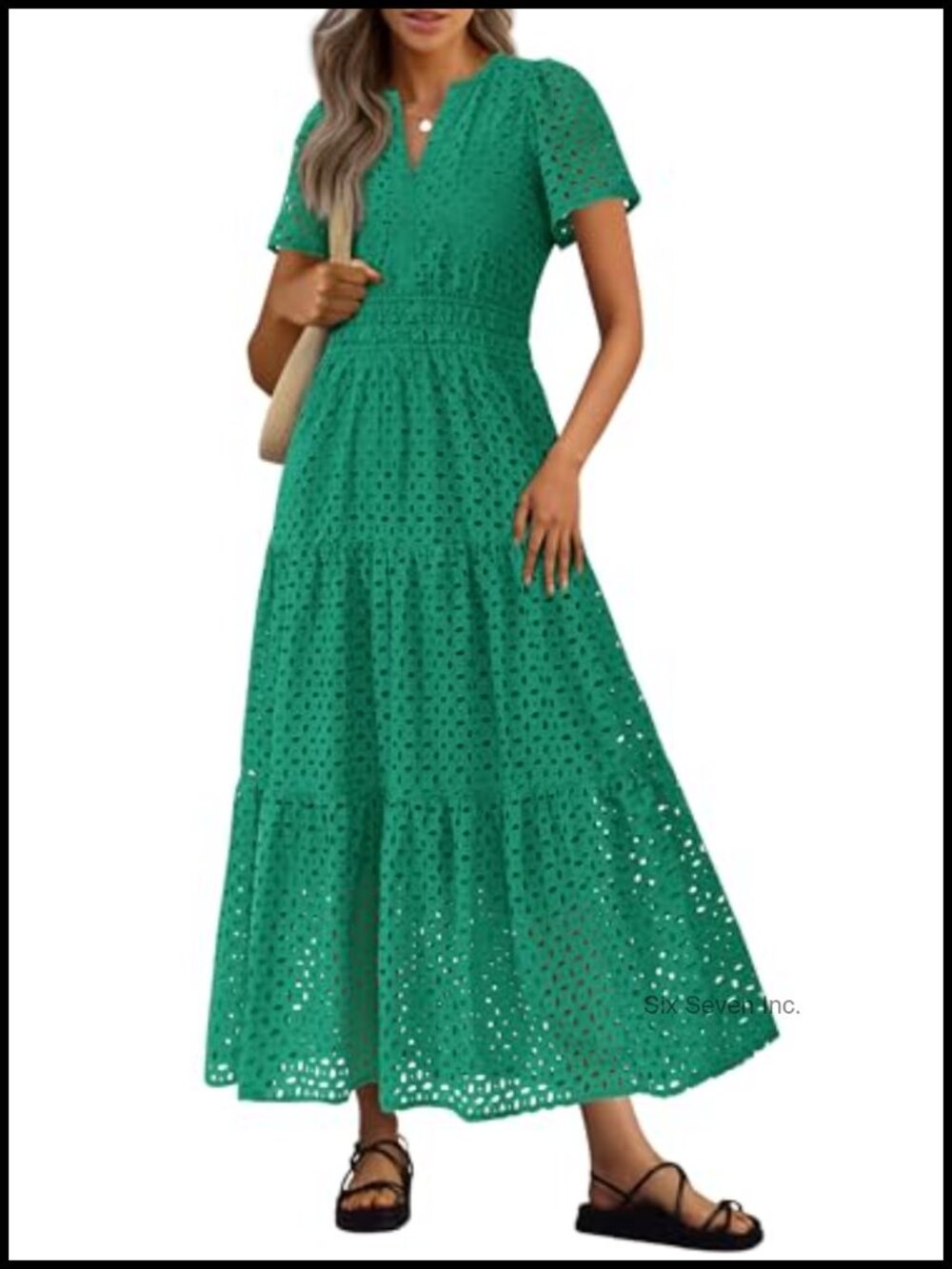 PRETTYGARDEN Women's Eyelet Maxi Dress V-Neck A-Line Short Sleeve Ruffle Hem